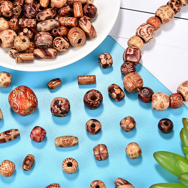 Bememo 400 Pieces Printed Wooden Beads Various Shapes Loose Wood Beads for Jewelry Making DIY Bracelet Necklace Hair Crafts - Image 4